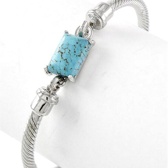Cable Twisted Silver Tone Faux Turquoise Cuff Bracelet - Picture 2 of 3